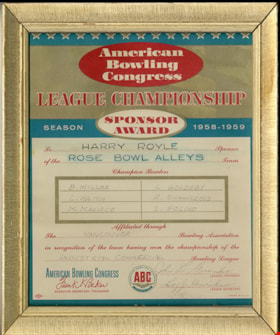 American Bowling Congress certificate, 1959 thumbnail