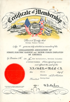 Certificate of membership for Norman Thomas Carson, 1 Jan. 1944 thumbnail