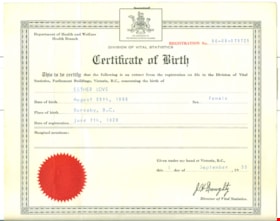 Esther Love birth certificate, 1896 (date of original), copied [2016], copied 2016 thumbnail