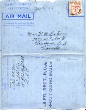 Air mail letter from Sergeant Colin Fox to May Bateman, 6 Jan. 1944 thumbnail