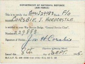 Department of National Defence identification card, 1945 thumbnail