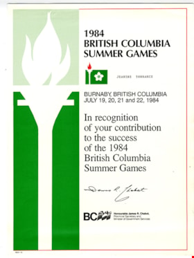 B.C. Summer Games recognition certificate, July 1984 thumbnail