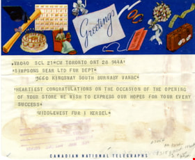 Telegram to Simpsons-Sears fur department, May 1954 thumbnail