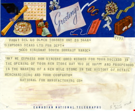 Telegram to Simpsons-Sears fur department, [May 1954] thumbnail