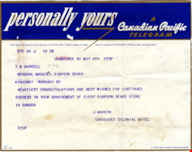 Telegram to general manager of Simpsons-Sears, 4 May 1954 thumbnail