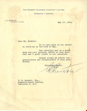 Letter to T.B. Haskell, 17 May 1954 thumbnail