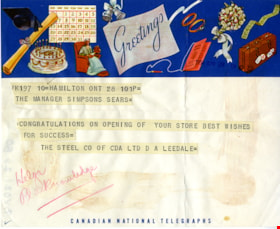 Telegram to manager of Simpsons-Sears, [May 1954] thumbnail