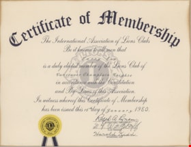 Lions Club Certificate of Membership, 16 Jan. 1980 thumbnail