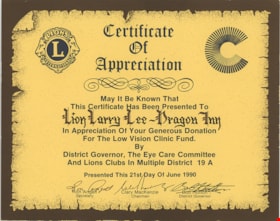 Lions Club Certificate of Appreciation, 21 Jun. 1990 thumbnail