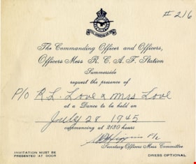 Invitation for RCAF Station Summerside dance, 28 Jul. 1945 thumbnail