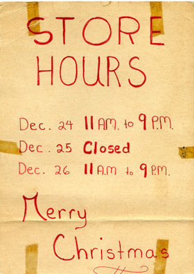 Christmas hours sign for Canada Way Food Market, [197-] thumbnail