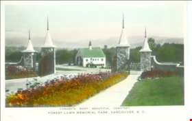 Top of Page:  View of original church outside the main entrance of Forest Lawn Cemetery, c.1940 (Oblique view. Historic Photo). Copyright: City of Burnaby. thumbnail