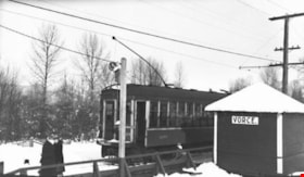 Vorce Station and Interurban No. 1233 on the Burnaby Lake interurban line at the foot of Nursery Road, circa 1952. (Rear elevation. Historic Photo). Copyright: Burnaby Village Museum Collection, BV.988.20.2. thumbnail